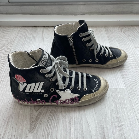 Golden Goose black graffiti high top sneakers size EU 37 made in Italy zip side - Picture 3 of 7